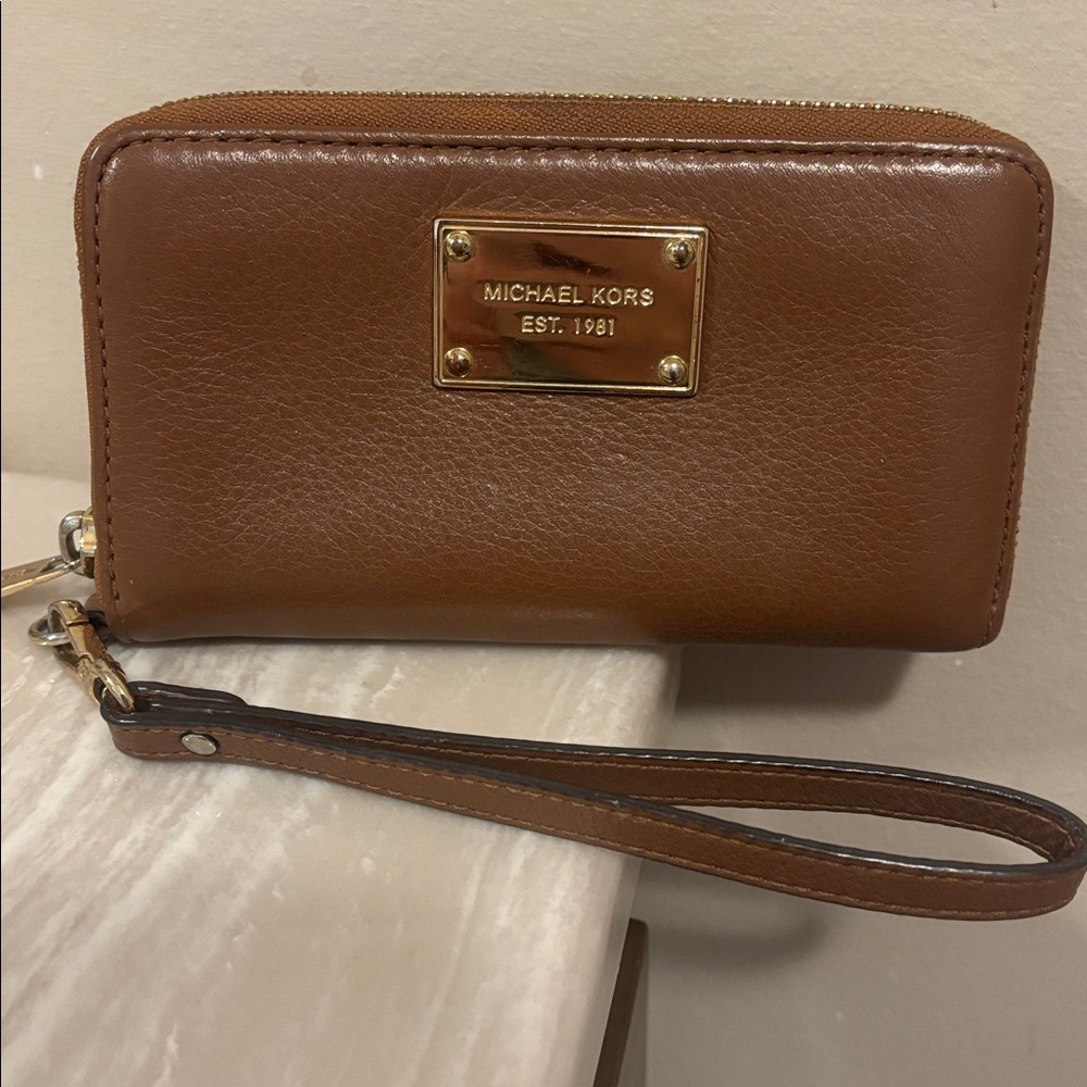 Michael Kors Tan Leather Wristlet with Gold Accents